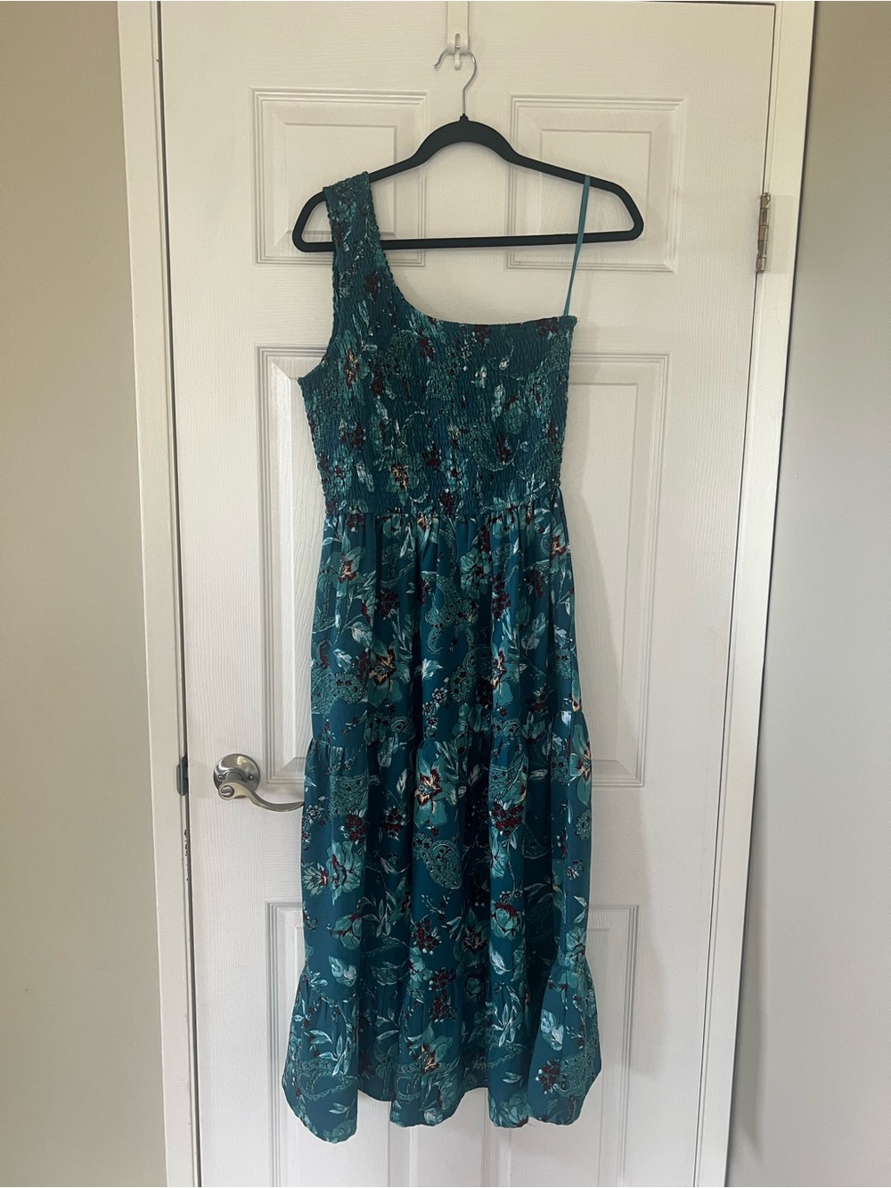 Teal One-Shoulder Floral Midi Dress